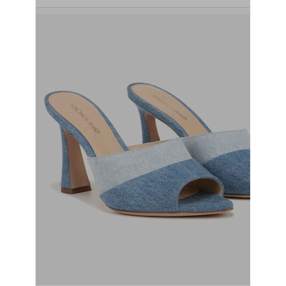 Veronica Beard Thora denim mules featuring a two-tone blue 3.5" Heel NWB